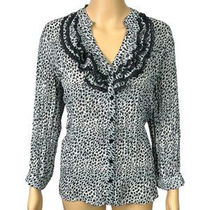 Nue Options Womens L Animal Print Ruffled Long Sleeve‎ Sheer Button Blouse Shirt